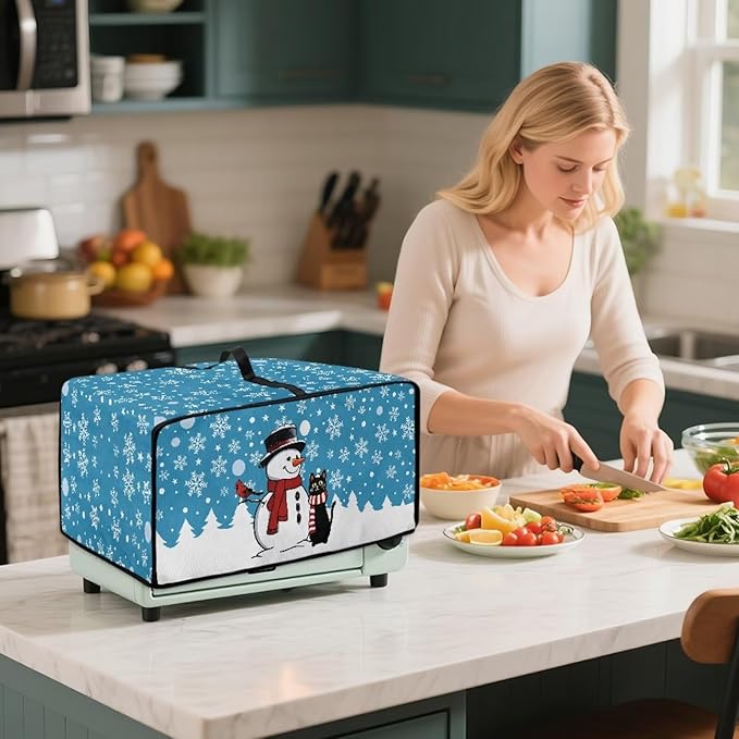 Microwave Oven Cover Air Fryer Toaster Oven Dust Cover, Stain-resistant Small Electric Appliance Protector, L, Snowman Black Cat Snowflake Blue Christmas Decorations