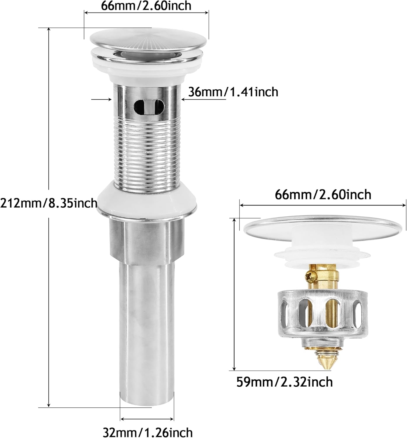 Bathroom Sink Drain,2 Pack Drain Stopper with Overflow,Pop Up Drain Assembly with Detachable Strainer Basket,Built-in Anti-Clogging, Stainless Steel Nut Brushed Nickel