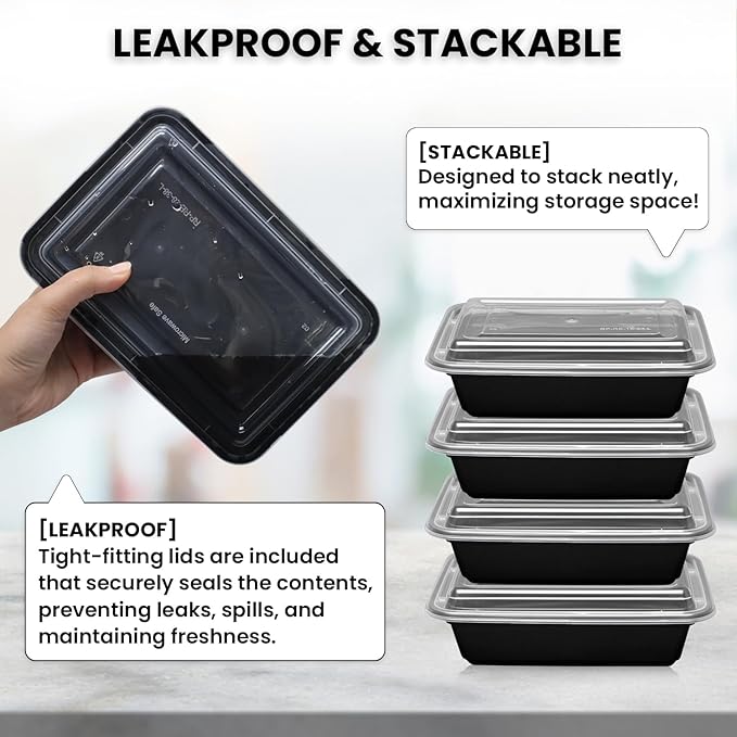 Klex 38 Oz, 150 Sets Meal Prep Containers with Airtight Lids, BPA Free, Reusable Plastic Food Container, 38 oz, Rectangular, Black/Clear, 150 Sets