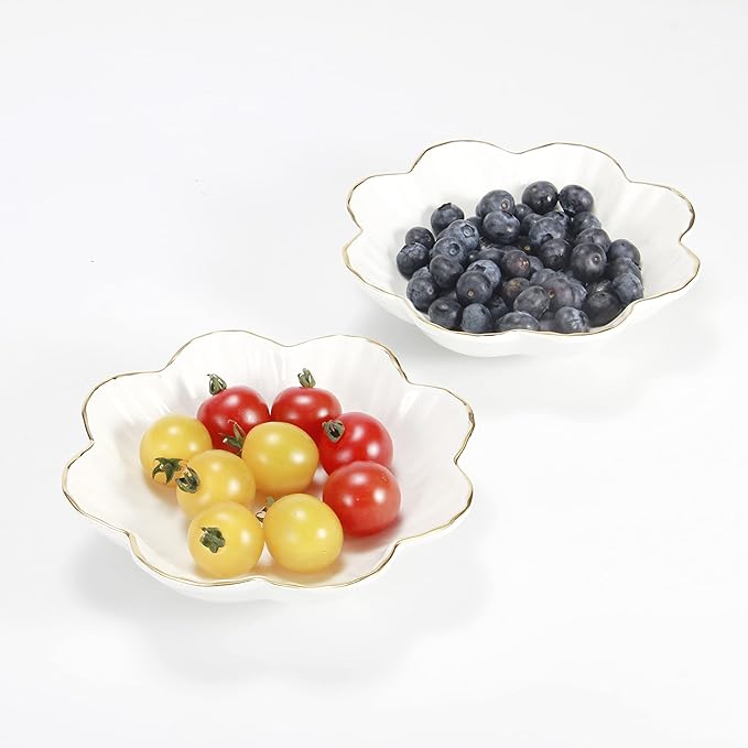 Porcelain Serving Dish,Ceramics Flower Relish Tray with Metallic Rim,Serving Bowls for Wedding,Party Perfect for Small Cereal, Pasta, Salad, Candy and Snacks White 6.6 inch (2pc-6.6 inch)