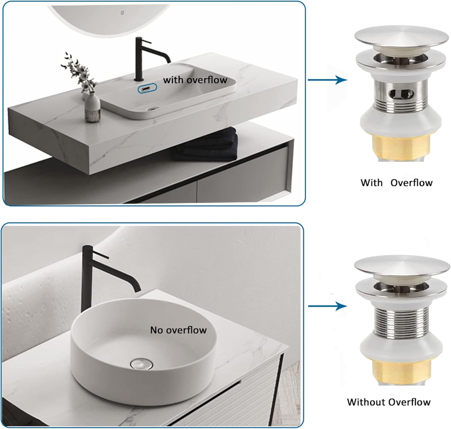 Bathroom Sink Drain,2 Pack Drain Stopper Bathroom Sink Without Overflow,Pop Up Drain Assembly with Detachable Strainer Basket,Built-in Anti-Clogging Strainer,Stainless Steel Brushed Nickel