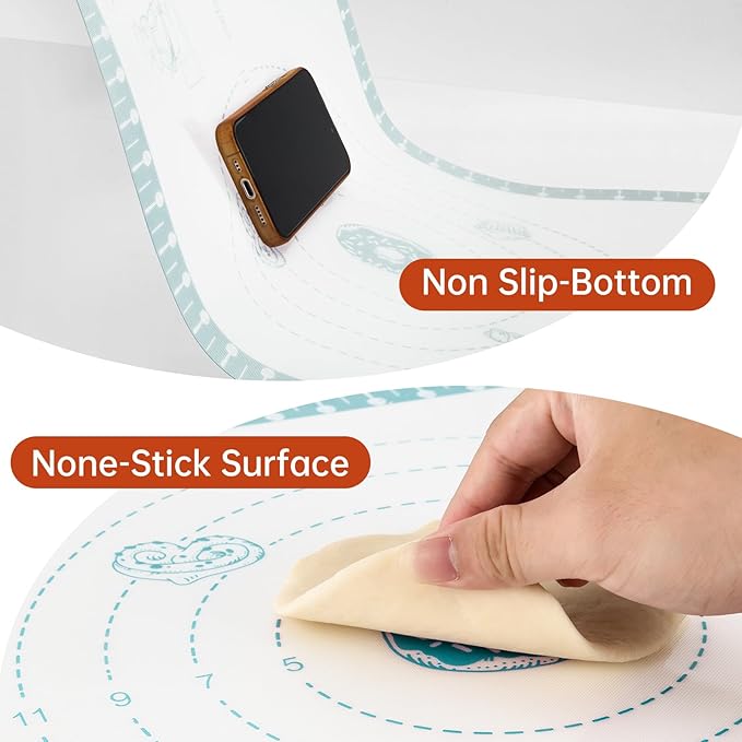 Non Stick Silicone Pastry Mat with 10 Quick Recipes，Silicone Mat for Dough Rolling Baking Sheet for Cookies, Pizza,Bread, Surdough,Fondant Mat for Kitchen Counter, Extra Large and Oven Safe
