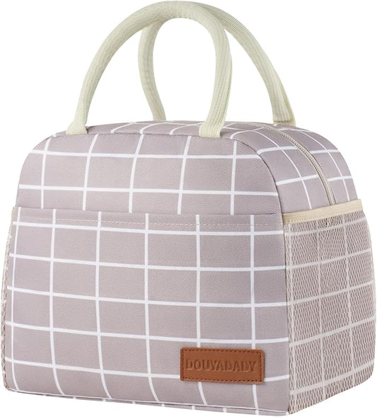 douyadady Lunch Bag Women/Men Lunch Box Women/Men (Grey+White Blocks)