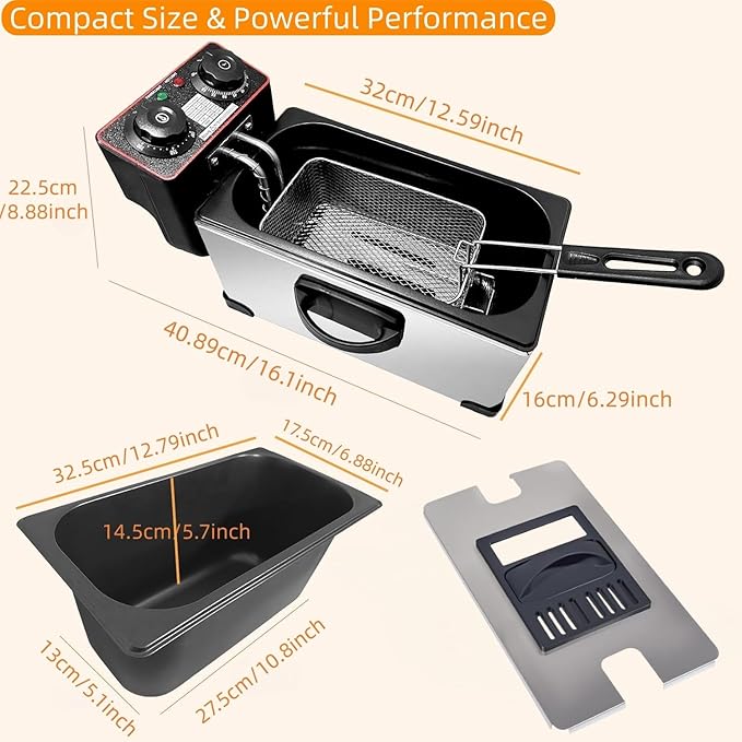 3L Deep Fryer with Basket for Home, 1300W Electric Small Deep Fryer with Temperature Control, Timer Control, View Window Lid, Stainless Steel Body for Restaurant Use