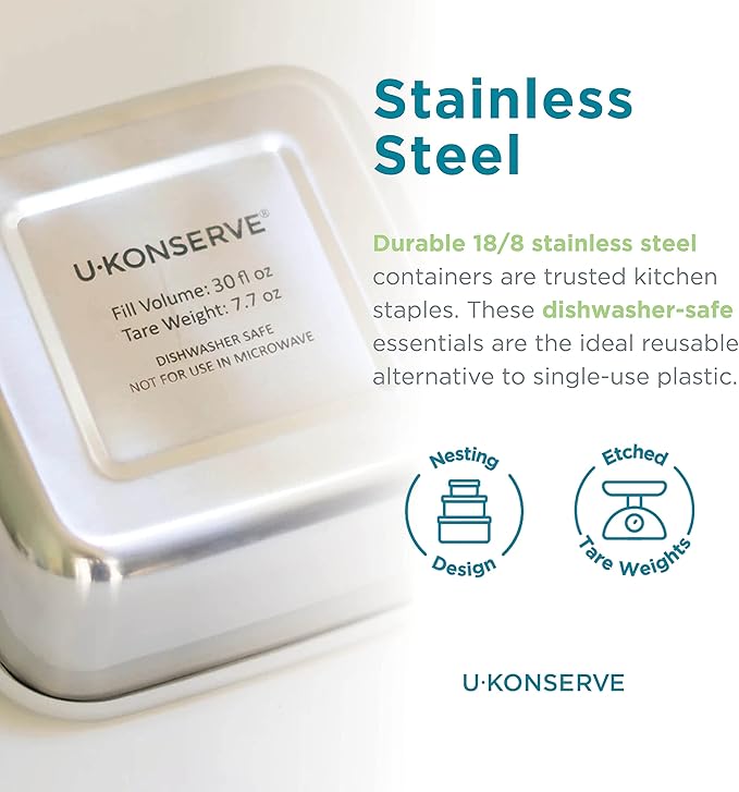 U Konserve Stainless Steel Food Storage Bento Box Container, Leak Proof Silicone Lid Dishwasher Safe - Plastic Free (50oz Clear)