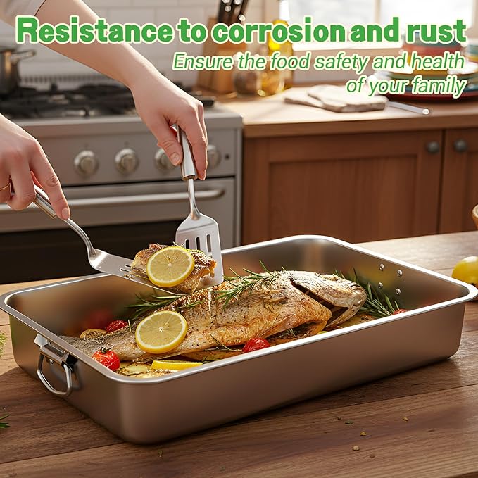 23.5''x15.5''x4''roasting Pan Stainless Steel Turkey Roasting Pan Extra Large Thickened Baking Tray with Handle for Christmas Thanksgiving Oven Turkey Roasts Multilayer Lasagna Baked Goods