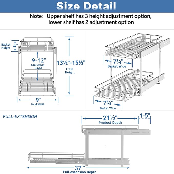 LOVMOR 2 Tier Individual Pull Out Cabinet Organizer 9" W x 21½" D, Slide Out Kitchen Cabinet Storage Sliding Shelves
