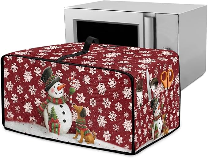 Toaster Oven Dust Cover with Storage Pockets, Protective Decorative Smart Oven Cover for for Kitchen Countertop, L, Snowman Dachshund Dog Snowflake Red Christmas Decor