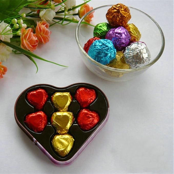 PABCK 500 Pcs 5 Colors Chocolate Candy Wrappers Aluminium Foil Wrapping Papers Square Sweets Lolly Paper Food Tin Foil Wrappers for Candy Packaging Decoration (3.54x3.54 inches)