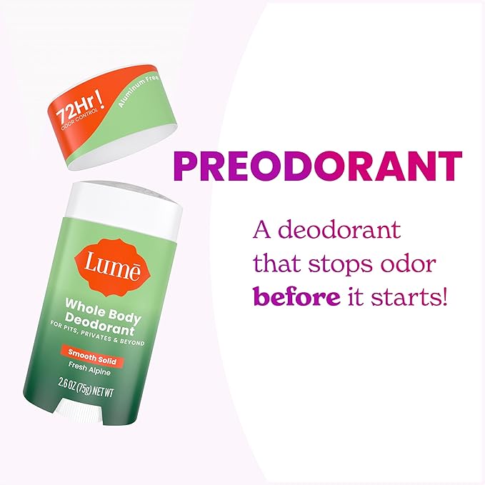 Lume Whole Body Deodorant - Smooth Solid Stick - 72 Hour Odor Control - Aluminum Free, Baking Soda Free and Skin Loving - 2.6 Ounce (Pack of 3) (Fresh Alpine)