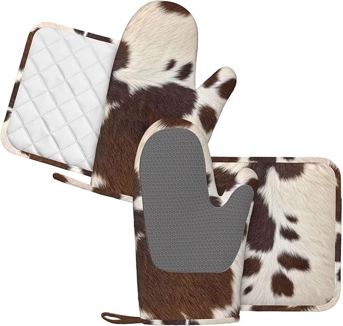 Cow Print Oven Mitts and Pot Holders Set Silicone Heat Resistant Brown Cowhide Western Farmhouse Kitchen Gloves Set Cow Print Kitchen Mittens Pot Holders for BBQ Cooking Baking Grilling