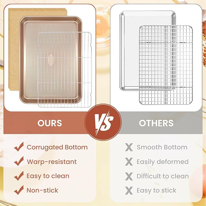 Baking Sheet with Wire Rack Set, 2 Sheet Pans(17.5'' X 11.8'') with 2 Cooling Racks, Includes 50 Sheets of Parchment Paper, Thickened Nonstick Cookie Sheet for Baking, Carbon Steel Baking Pan