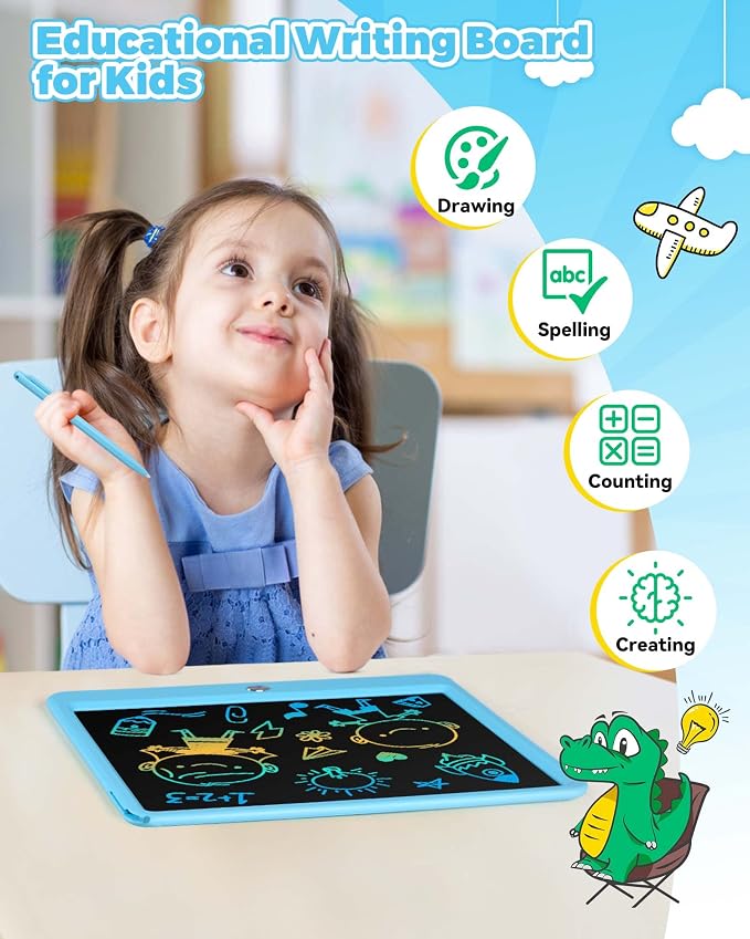 KOKODI 12 Inch LCD Writing Tablet with Anti-Lost Stylus, Erasable Doodle Board Colorful Toddler Drawing Pad, Car Travel School Games Toys for 3 4 5 6 7 8 Kids, Birthday Gift for Girls Boys Adults Blue