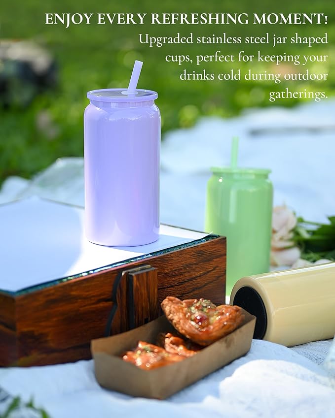 Glass Cups with Lids and Straws, 16oz Stainless Steels Cups, Beer Cups, Iced Coffee Cup, Smoothie Cup, Sublimation Tumbler, Black (Smooth Polished Finish, Sublimatable)