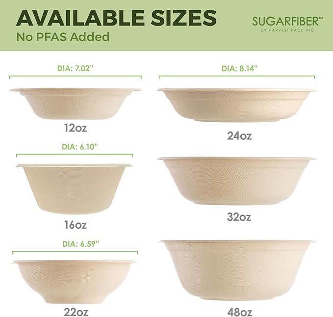 [600 Count] Harvest Pack PFAS Free 12oz Round Compostable Paper Bowls Bulk, Disposable Heavy-Duty Eco-Friendly Bagasse Bowls, Sugarcane Natural Plant fibers for Meal Prep Takeout Dinnerware