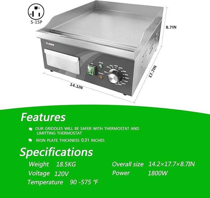 Electric Griddle, 14 Inch Flat Top Grill Commercial Electric Griddles Stainless Steel Adjustable Temperature Control 90℉-575℉ for Home or Restaurant Use