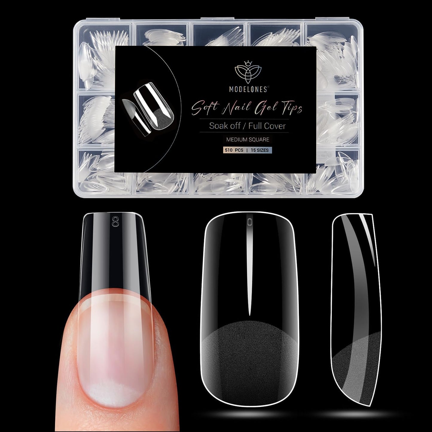 Modelones Medium Square Nail Tips - 510Pcs Fake Nails Gel Tips Pre-shaped Half Matte Full Cover Acrylic Gel Kit Press on Manicure Extension Art DIY Salon 15 Sizes