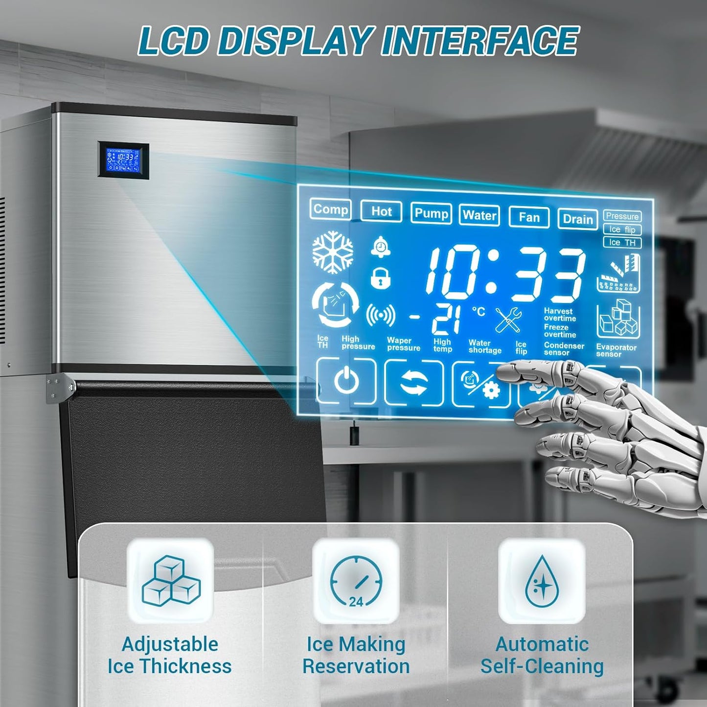 High-Performance Commercial Ice Maker Machine: 500lbs/24H Production, 350lbs Storage, 156 Ice Cubes in 6-15 Mins - Stainless Steel Industrial Ice Maker for Restaurant, Bar, Cafe, Commercial Use