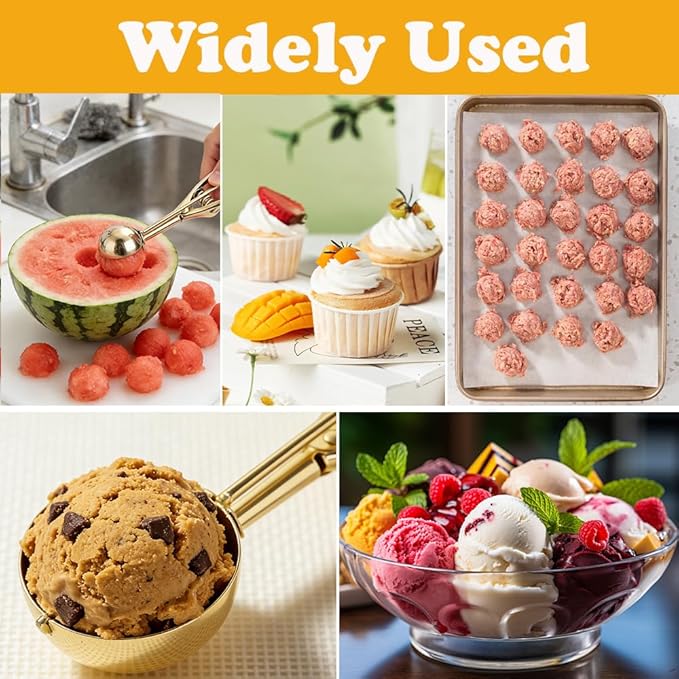 Gold Ice Cream Scoop Stainless Steel Cookie Scoops for Baking Melon Baller with Trigger 3 Sizes (Rose Gold, L)