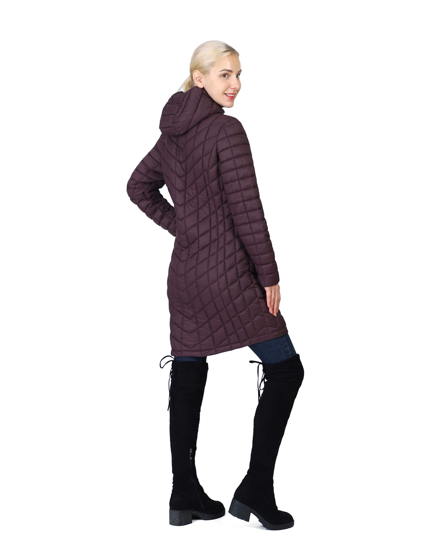 Outdoor Ventures Women's Lightweight Warm Winter Long Puffer Coat with Hood-Large,36"