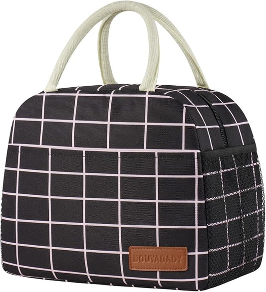 douyadady Lunch Bag Women/Men Lunch Box Women/Men (Black+Pink Blocks)