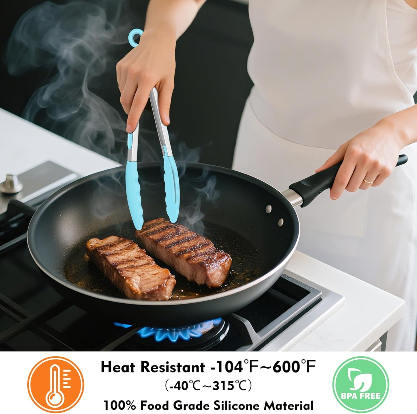 Hotec Silicone Kitchen Tongs for Cooking 9-Inch Serving Tongs with Silicone Tips, Set of 3 (Gradient Blue)