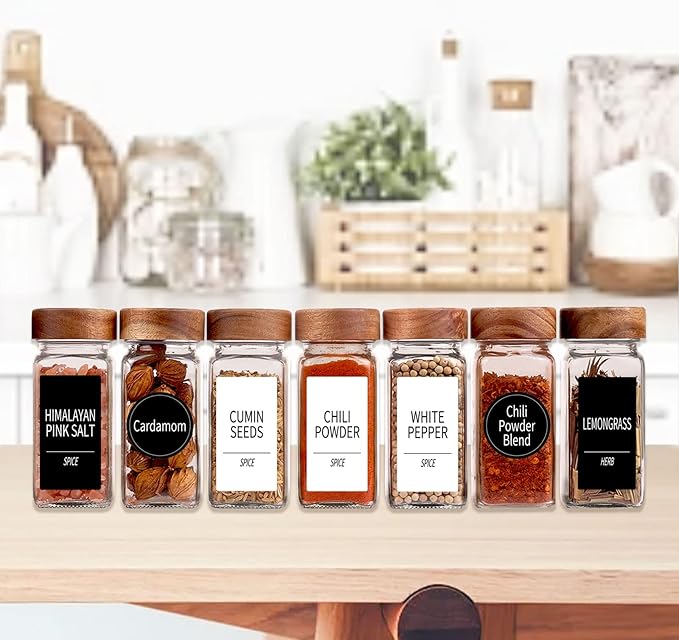 Churboro 24 Spice Jars with 547 Labels - Glass Spice Jars with Shaker Lids - 4 Oz Square Spice Containers with Acacia Wood Lids, Chalk Pen, Funnel- Seasoning Jars for Spice Rack, Cabinet, or Drawer