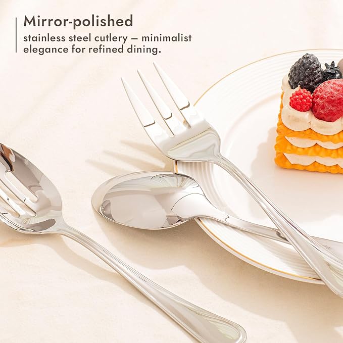 KINGSTONE 8 Piece Teardrop Serving Utensils Set, 18/10 Stainless Steel Serving Utensils, Slotted Spoons, Forks, Tongs, Cake Server, Butter Knife for Buffet, Catering, Wedding, Party