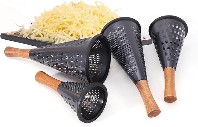 Cone Cheese Grater with Handle Stainless Steel Grater Triple Function Wood Handle Shredder Non-Slip Rubber Bottom Hand Held Multifunction Vegetables Grater Black 4-Size (Size L: 10.6" X 4.7" Black)