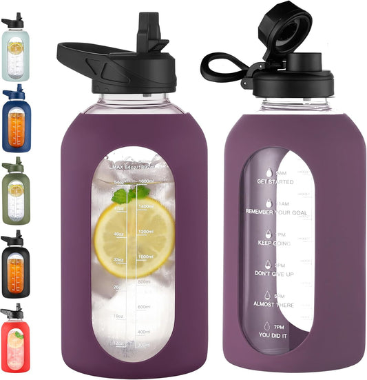 CIVAGO 64 oz Glass Water Bottle Jug with Straw and Handle, Half Gallon Sports Motivational Water Bottle with Time Marker, Wide Mouth Flask Canteen with Silicone Sleeve for Gym, Mauve