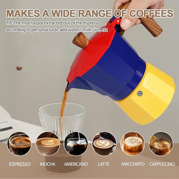 Aluminum 9 Cup 450ml Moka Pot Express Coffee Maker Stovetop Espresso Colorful Coffeemaker Italian Classic Style Brewing Greca Cafe Mocha Machine for Cafeteras Lover Camping Travel and Home Use 15oz