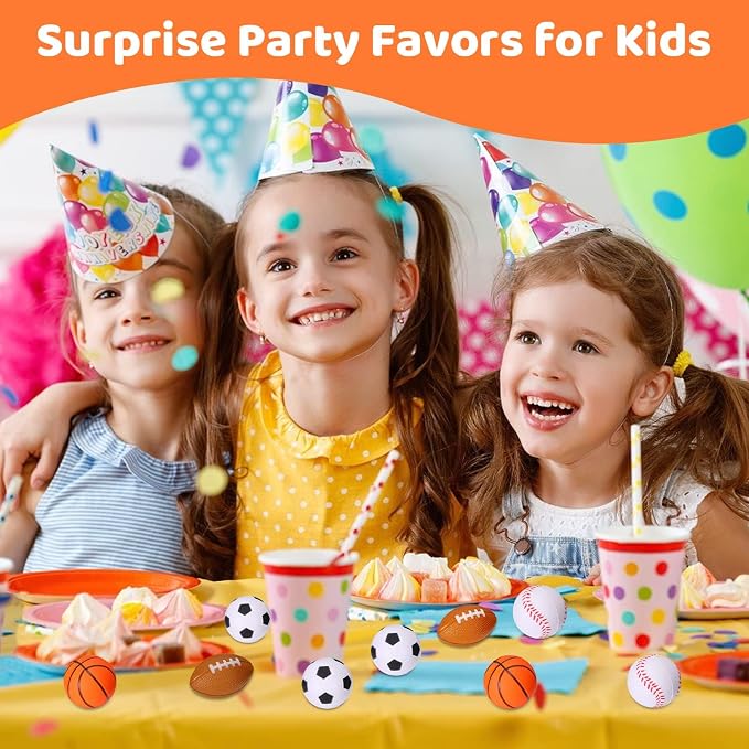 WELLVO Sports Party Favors 24 Pack 1.6 inch Sports Stress Relief Toys Goodie Bags Stuffers Mini Foam Fidget Toys for Stress Anxiety Relief Classroom Prizes Kids Return Gifts Birthday Party Favors