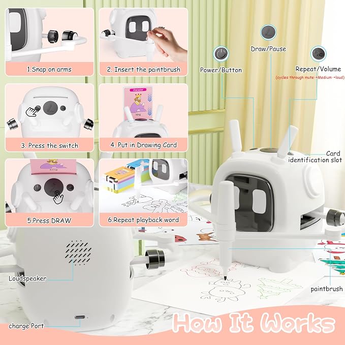 Drawing Robot for Kids with 192 Cards, Smart Robot Drawing Machine Toys for 3+ Year Old Boys and Girls, Interactive Painting Learning and Educational Toy Perfect for Birthday Chirstmas Party, White