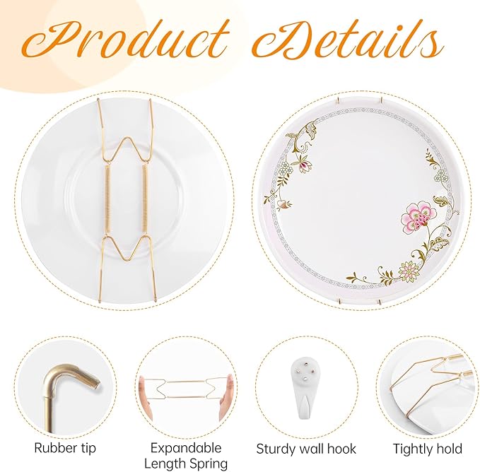 Plate Hangers for The Wall, Suitable for 9-11 inch Decorative Plate, Stainless Steel Wire Plate Holder with Wall Hooks and Rubber tip Protectors, Plate Hangers for Displaying Plates, Platter, Gold