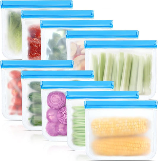 10 Pack Reusable Silicone Food Storage Bags, Leakproof Dishwasher Safe Reusable Freezer Bags for Food Storage Containers, Lunch Bag for Sandwich, Marinate Meat, Salad Fruit 10.3'' x 7.9''