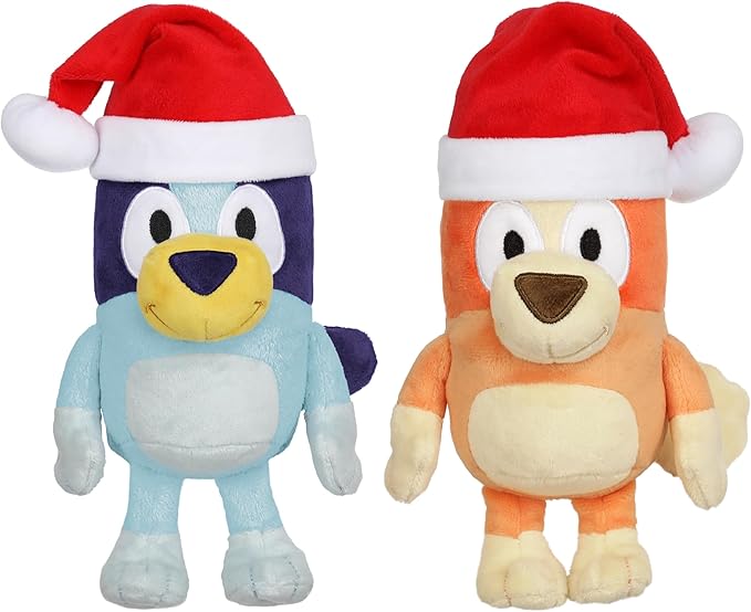 Bluey Toddler Plush Toys Pack of 2, 7-8”, Soft, Festive Holiday Season Plush Figure Toys with Santa Hats, Cuddly Plush Animals for Kids Ages 3+