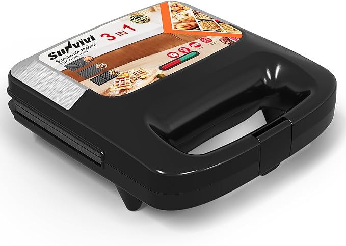 Sunvivi 3 in 1 Electric Sandwich Maker: Panini Press Grill and Waffle Iron Set, Grill and Sandwich Press with Removable Non-Stick Plates, Indicator Lights & Cool Touch Handle, 800W, Silver