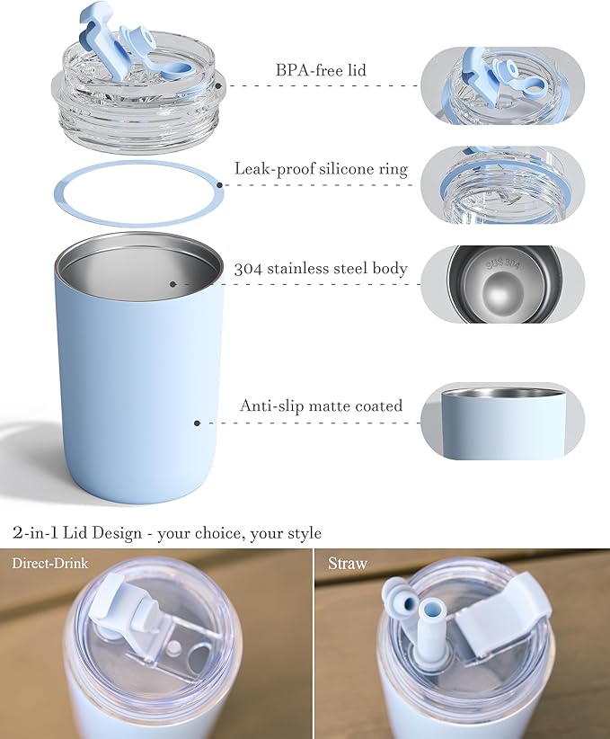 16 oz Insulated Coffee Tumblers, Travel Coffee Tumblers with Straw, Double-Wall Stainless Steel Tumbler, Leak Proof Tumbler, Reusable Cups with Lids for lced and Hot Drinks (Cream)