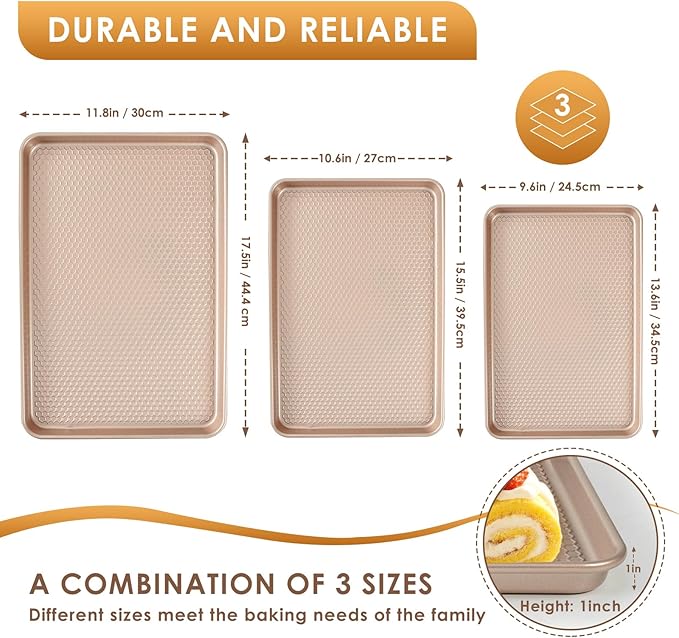 Baking Sheet Pan Set of 3, Nonstick Carbon Steel Cookie Sheets with Texture, Commercial Half/Quarter/Jelly Roll Pans Replacement Toaster Oven Tray, Heavy Duty & Easy Clean, Rose Gold