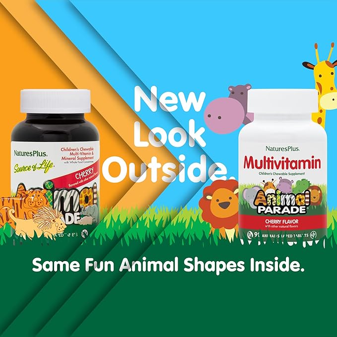 Natures Plus Animal Parade Multivitamin Children's Chewables - Cherry Flavor - 90 Animal-Shaped Tablets - Promotes Health & Well-Being - Vegetarian, Gluten Free - 45 Servings