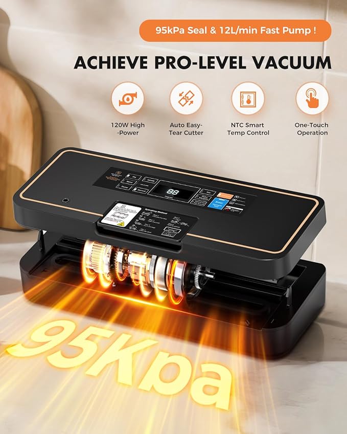 Vacuum Sealer for Food, 95kPa Food Vacuum Saver Sealer Machine, 120W 12L/min Fast-Sealing with Auto Tear-Cut,Digital Timer, Built-in Cutter, Bag Storage and One Bag Roll, 9-in-1 Compact Vacuum Sealer