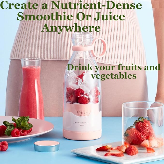 Upgraded Fresh Juice Blender Bottle Portable, Juicer Portable Blender Shake, 380ML USB/Magnetic Charging for Shakes and Smoothies, with Travel Cup and Lid (Pink,USB charging)