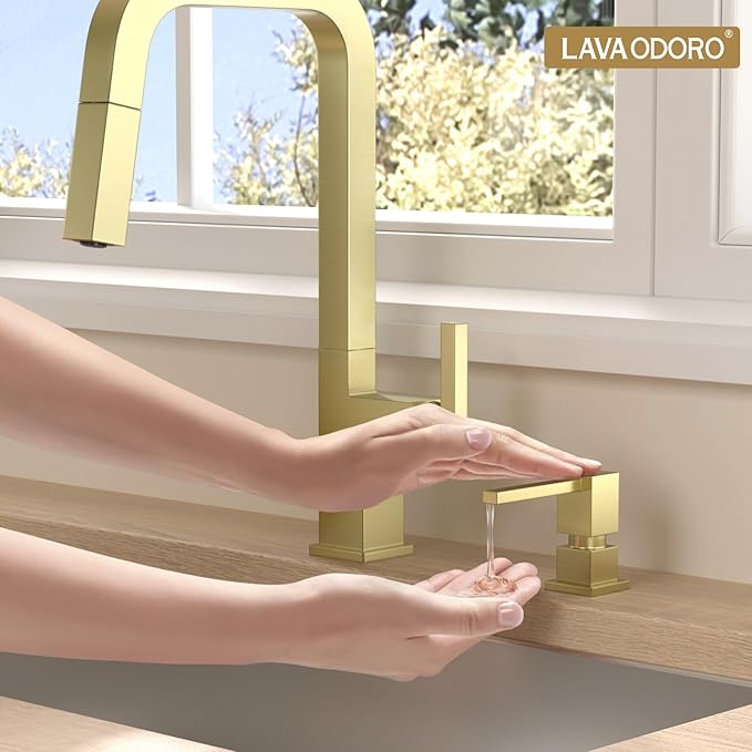 Lava Odoro Soap Dispenser for Kitchen Sink, Gold Sink Soap Dispenser Pump, Modern Square Built in Kitchen Sink Countertop Pump Dispenser with 18oz Refillable Bottle, Spot-Free KSD182-SG