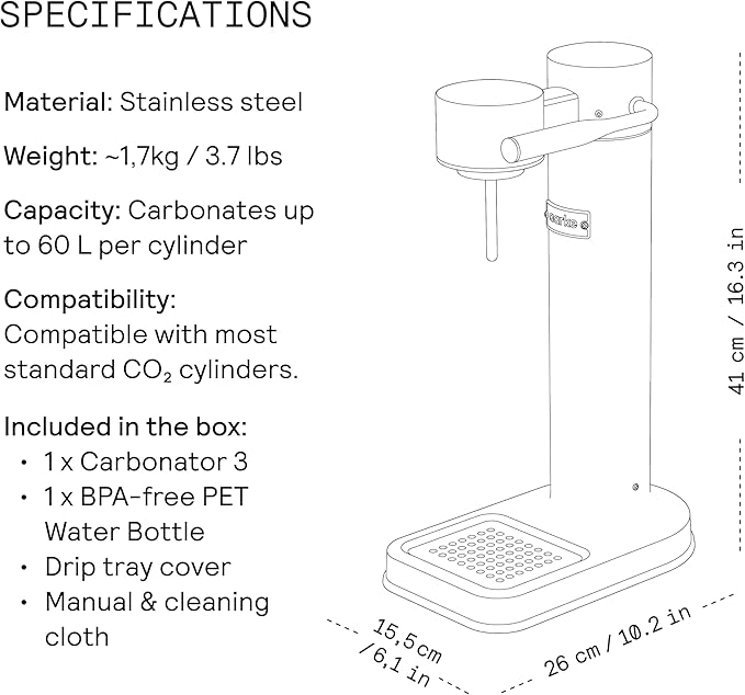 Aarke Carbonator lll, Sparkling & Carbonation Water Machine, Stainless Steel with PET BPA-Free Reusable Bottle Volume 1L/34 fl oz (Matte White)
