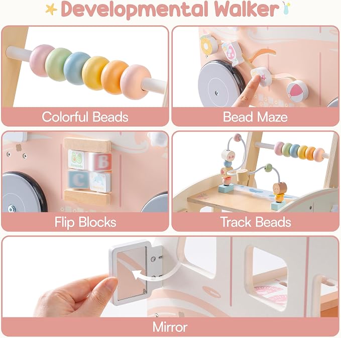 ROBUD Wooden Baby Walker, Height & Speed Adjustable Baby Push Walker with Anti-Slip Wheels, Developmental Activity Center with Ocean Vacation Theme, Wooden Walkers for Babies Learing to Walk，Pink