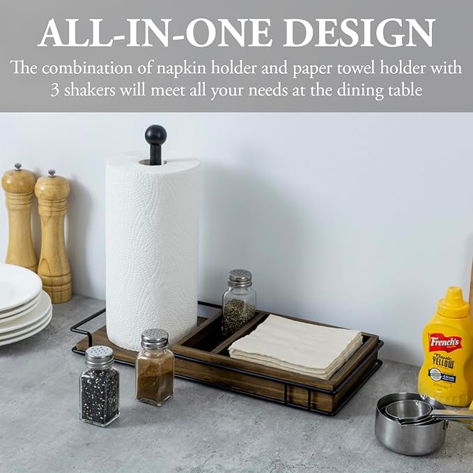 MyGift Paper Towel Holder with Napkin Holder and 3 Spice Shakers, Rustic Burnt Solid Wood and Industrial Matte Black Metal Paper Towel Roll Dispenser, Farmhouse Kitchen Stoage