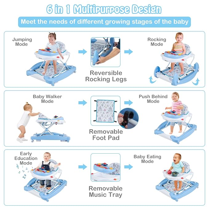 HONEY JOY Baby Walker, 6-in-1 Foldable Baby Walker and Bouncer Combo, Infant Activity Walker with Wheels, Adjustable Heights, Rocker, Music, Lights, Walker for Baby Boy Girl 7-14 Months (Blue)