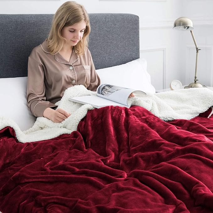 IR Imperial Rooms Burgundy Sherpa Fleece Throw Blanket Twin Size for Bed - Wholesale Bulk Pack of 12 Sherpa Blankets - Soft Fluffy Throw Blankets for Hotels, Guest Bedroom, 60x80 Inches