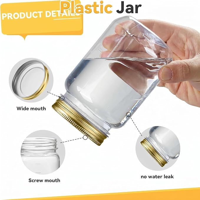 novelinks 16 oz Clear Plastic Jars with Lids, Refillable 16oz Mason Jars with Lids & Storage Containers for Kitchen & Household Use (15 Pack,Gold)