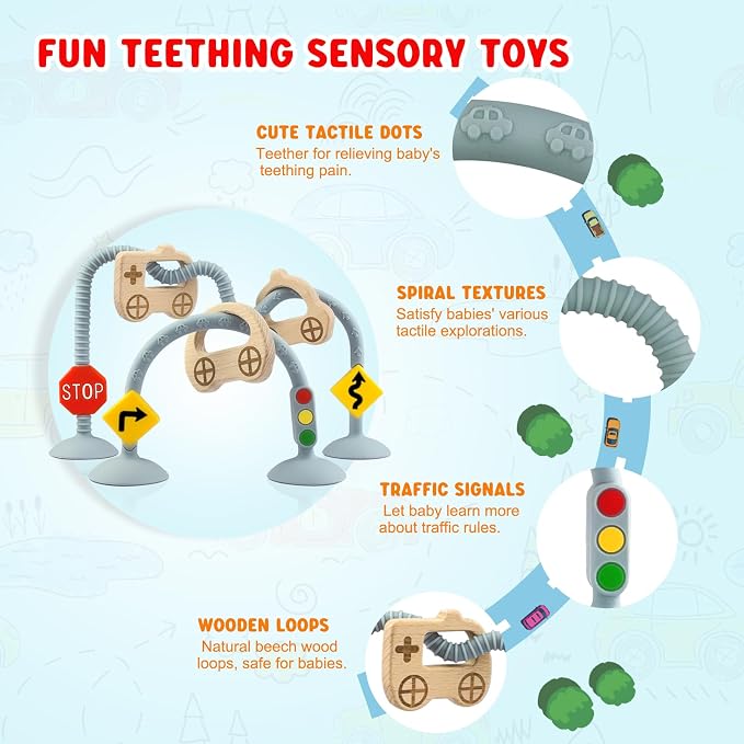 High Chair Suction Toys for Babies 6-12 Months, Suction Cup Toy for Toddlers 1-3, Baby Sensory Montessori Chew Toy for Babies 0-6 Month, Silicone Baby Teething Toys for 12-18 Months